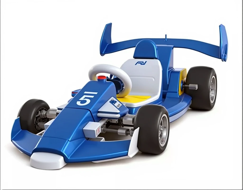 3D digital rendering, {sleek go-kart design with dynamic racing aesthetic}, aerodynamic blue vehicle with sharp geometric angles, yellow side stripe and central red accent, white drivers seat integrated into streamlined body, two prominent red wheels with ...