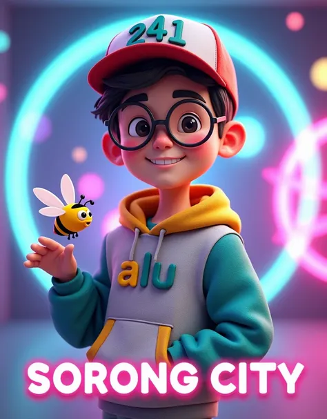 A cheerful and enthusiastic young character in a realistic 3D cartoon style. He is wearing a grey hoodie with teal yellow and red, featuring the text "ALU" in a 3D format on the front of the hoodie, making it stand out with a modern touch. The character is...