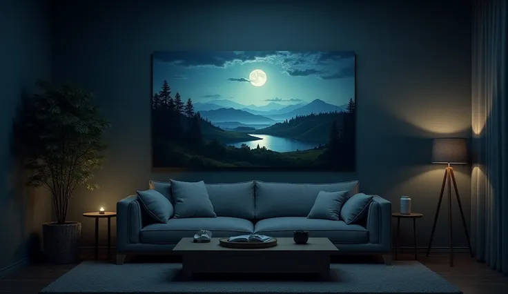 A room at night. Its dark. A close-up of a painting on the wall depicting a landscape.