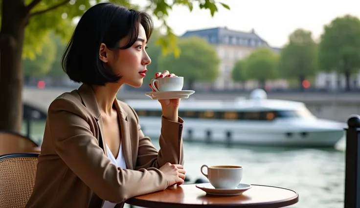  Korean woman in her 40s with short, medium length, dark hair ))(( The size ratio of the surrounding objects perfectly matches women .))(( masterpiece actual photo 8K wallpaper ))Afternoon tea time .  A beautiful Korean middle-aged woman in her 40s is sitt...