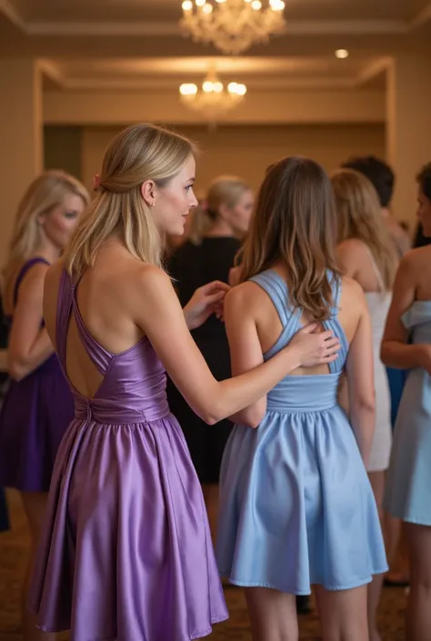 Ultra Realistic portait photo of a ballroom full of beautiful blonde and brunette young German women in short metallic satin A-line bridesmaid dresses in light purple an blue colors. Hochzeitsparty. Festival