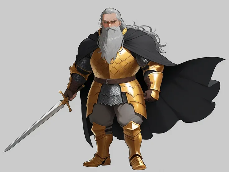 In medieval fantasy, an old man with gray hair , He had a very long beard and was wearing steel and golden dragon scale armor. The cloak of armor is golden. . , 190 cm tall, and a muscular body that weighs 120 kg..
very good-looking appearance. 