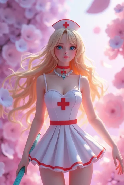  uses white purple gradient paper petals to show background ： Golden Long Hair Japanese 3D Real Beauty ， Nurse Styling Costume (White Base Red Edge ， One red cross mark ， Short back front of skirt ，white stockings， clothing material between transparent and...