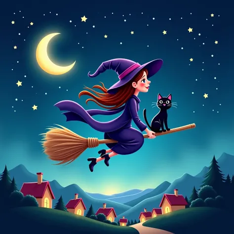  a witch flies through the sky with a magic broom while 、A scene where a magic star is drawn in the starry sky 。 a cute black cat clings to the back of the broom、 The moon and a small town can be seen in the distance in the background 。 cartoon style 、Beau...