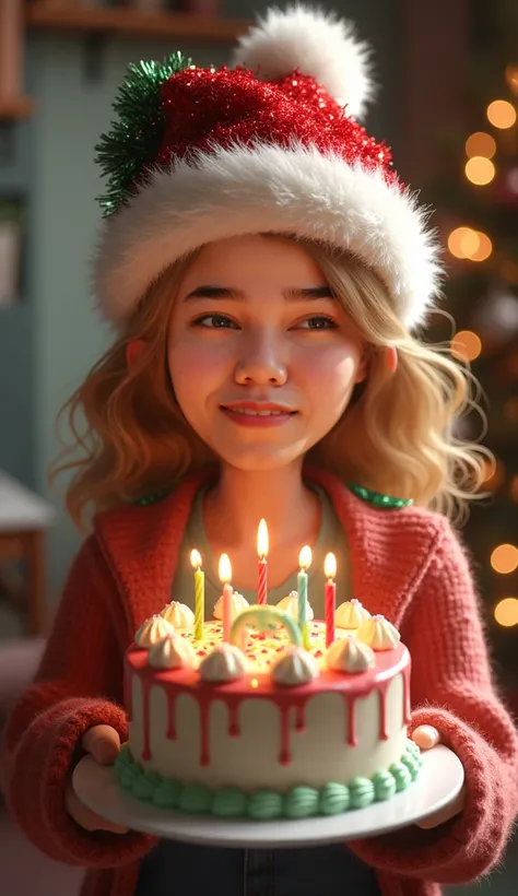 celebrating a birthday, wearing a Christmas hat, carrying a birthday cake