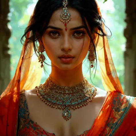 a woman in a sari with a necklace and earrings, indian , wearing sare, exposed belly,1girl, Solo, Long Hair, Jewelry,