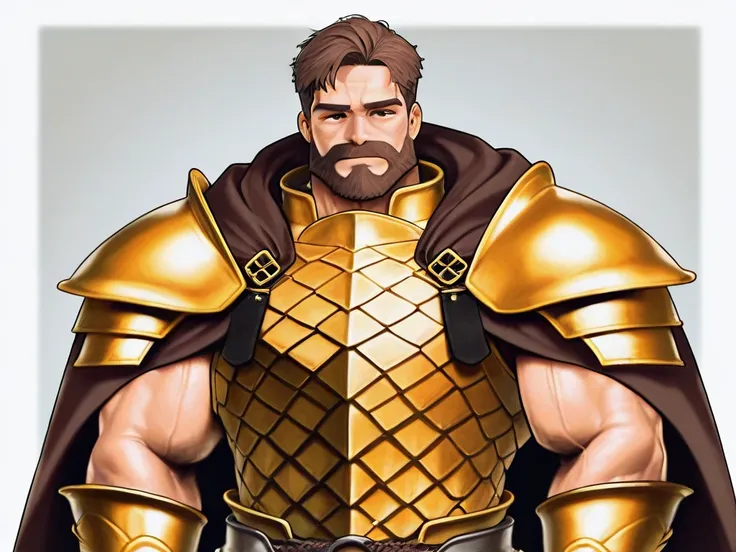 Medieval fantasy middle-aged man with brown hair, He has a beard and wears steel-golden dragon scale armor. The cloak of armor is red. , 190 cm tall, and a muscular body that weighs 120 kg..
very good-looking appearance. 