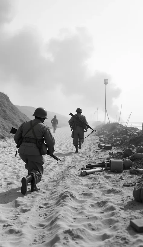 Black and white historical photograph depicting a wartime scene on a beach. The layout is horizontal, capturing a wide view of the sandy terrain littered with debris and equipment. In the foreground, two soldiers are visible; one is crouched with a rifle, ...