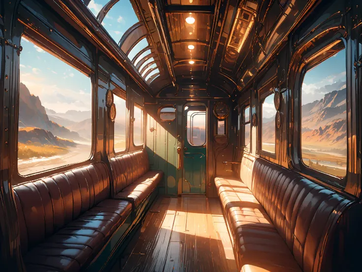 (masterpiece,  top quality,  ultra-detailed ,  realistic),  Inside a colorful train carriage with a sophisticated steampunk theme, Natural light, Inside the train , The sky seen from the window , Clean lines ,  perfect illustration ,  Wes Anderson shot sty...