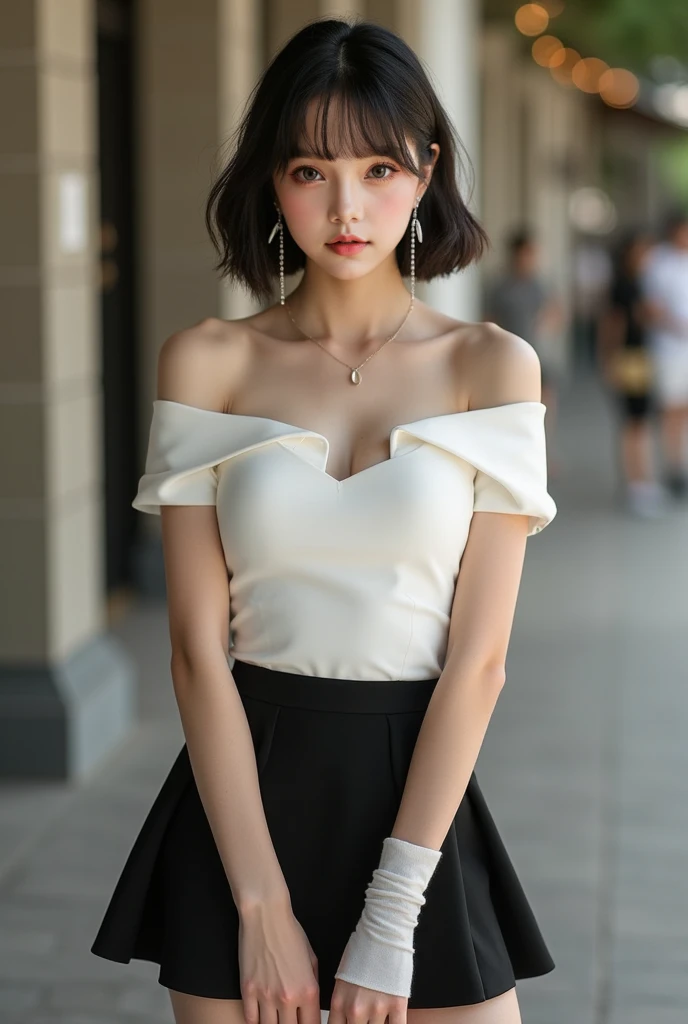 16K quality， ultra-realistic style ，Front standing position， A woman in a stylish off-the-shoulder white dress，hime cut，A woman wearing long earrings on her ears ，Black Himekiri Hairstyle ，A neatly cut hime cut hairstyle， Strong-eyed ，Black and white color...