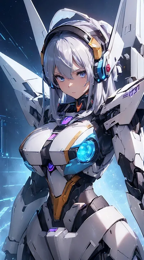 (( intense action pose :1.7))、(((Dual-Handed Weapon Style)))、(( Possession of a sword:1.6))、((Shining lenses on both breasts:1.3))、(( 3d rendering of character art in 8K with blue columns of light emitting from both chests ..:1.3))、smile、((8k)), ((32K)), (...