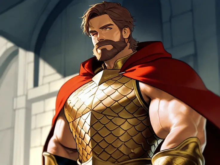 Medieval fantasy middle-aged man with brown hair, He has a beard and wears steel-golden dragon scale armor. The cloak of armor is red. , 190 cm tall, and a muscular body that weighs 120 kg..
very good-looking appearance. 