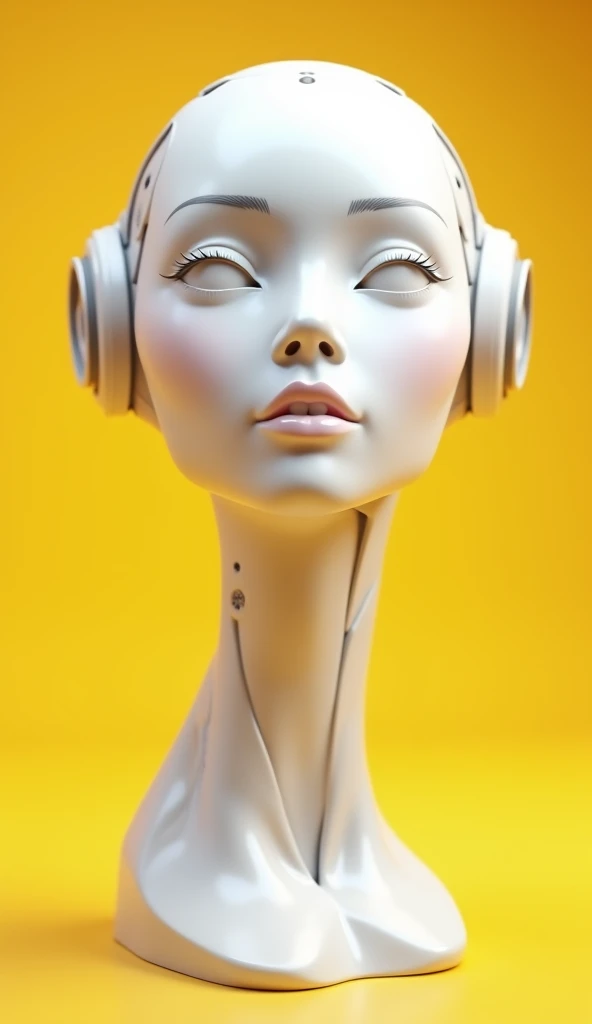 a white marble bust of beautiful female robot with a beautiful face on a yellow background, 3d