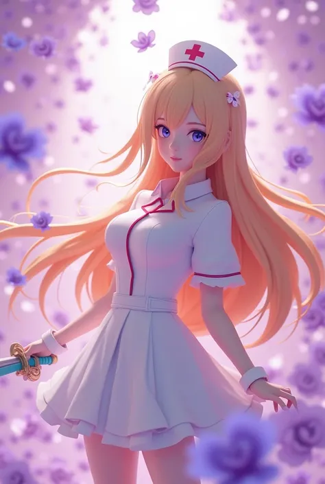  uses white purple gradient paper petals to show background ：GOLDEN LONG HAIR JAPANESE 3D ANIME BEAUTY， Nurse Styling Costume (White Base Red Edge ， One red cross mark ， Short back front of skirt ，white stockings， clothing material between transparent and ...