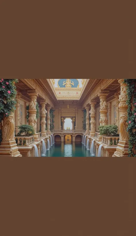 Create an image A grand, hyper-realistic painting capturing a majestic hall within an ancient Indian palace. The hall features seven attic pools on top of each, each one connected by cascading waterfalls that flow elegantly from stone-carved spouts high ab...