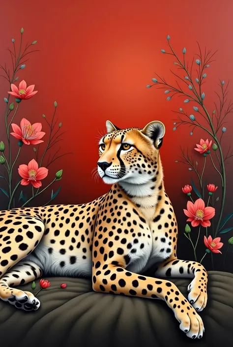  Create an image of a painting horizontally the painting portrays a reclining cheetah looking forward but with a lost gaze as if seeing a prey in the background you can put trees or flowers or a canvas of a single color keep in mind that the painting will ...