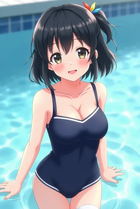 cute, girl, , 2nd junior high school student, black hair, Bob- Half up-short ponytail, dark blue school swimsuit, white knee-high socks, big bust, (((shiny skin))), blush, smile