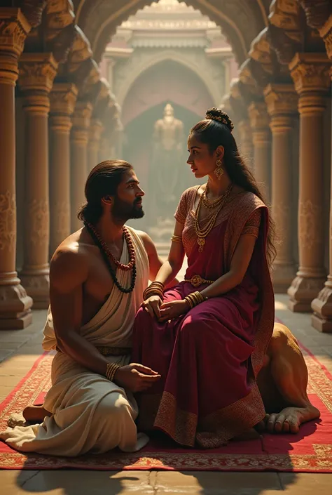 An indian man wearing traditional clothes and rudraksha mala is sitting with maa parvathi wearing maroon colour saree and blouse decorated with golden ornaments sitting on a royal lion in a beautiful temple Background 