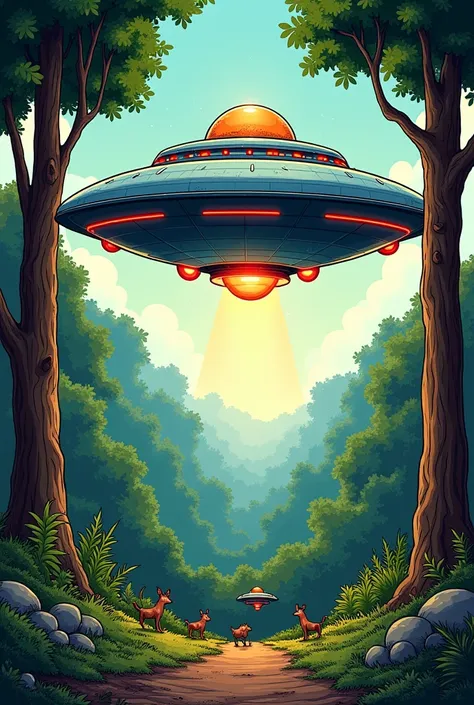  An American comic style image of a spaceship reaching Earth and landing in a forest 
