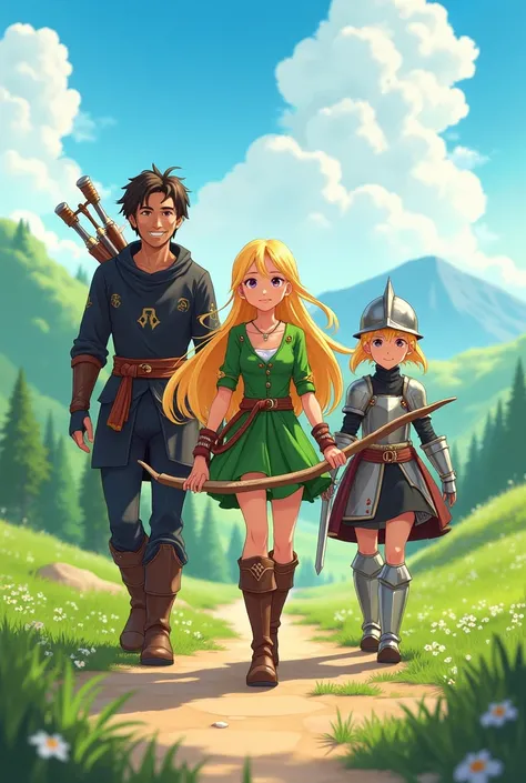 Anime style, 2d, A group of adventurer party walking together happily, a beautiful elf girl with blonde hair wearing green outfits wielding a bow, a man with warm smile wearing black fighter outfits,a cute knight girl wearing armor with sword