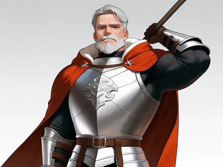 In medieval fantasy, a middle-aged man with gray hair ,  has a white beard and wears steel and golden dragon scale armor. The cloak of armor is red. , 190 cm tall, and a muscular body that weighs 120 kg..
very good-looking appearance. 