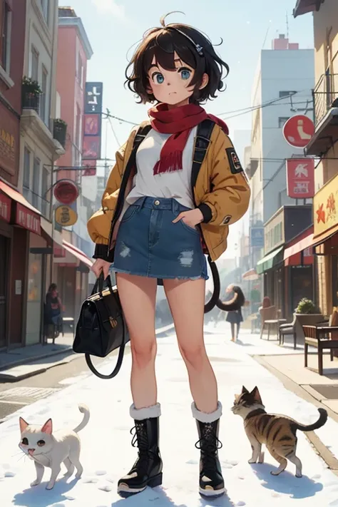 masterpiece ,  top quality , masterpiece ，  top quality ， cute doodle ，  funny, Excellent, S，Short length，Curly Hair, 2 tail hairs，  bright  ,  curious eyes  ，Freckles，  thick eyebrows， warm scarf ， Down Jacket，長袖のShort white T-Shirt， Very Short Denim Mini...