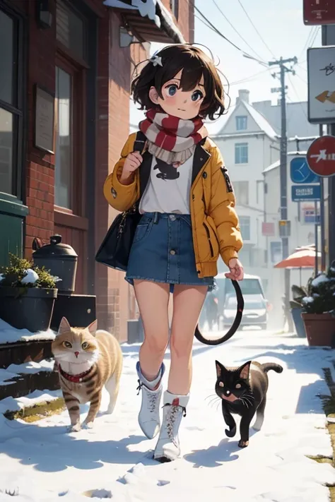 masterpiece ,  top quality , masterpiece ，  top quality ， cute doodle ，  funny, Excellent, S，Short length，Curly Hair, 2 tail hairs，  bright  ,  curious eyes  ，Freckles，  thick eyebrows， warm scarf ， Down Jacket，長袖のShort white T-Shirt， Very Short Denim Mini...