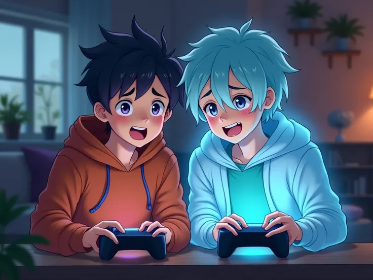 make image anime style two boys playing games, one adult and one teen. the adult one is ghost. both are smiling and crying