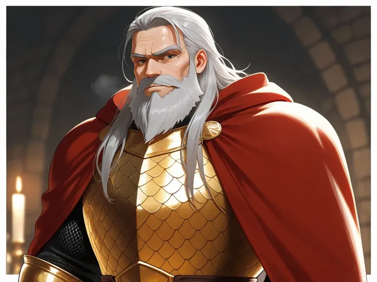 In medieval fantasy, an old man with gray hair , He has a very long white beard and wears steel-golden dragon scale armor. The cloak of armor is red. , 190 cm tall, and a muscular body that weighs 120 kg..
very good-looking appearance. 