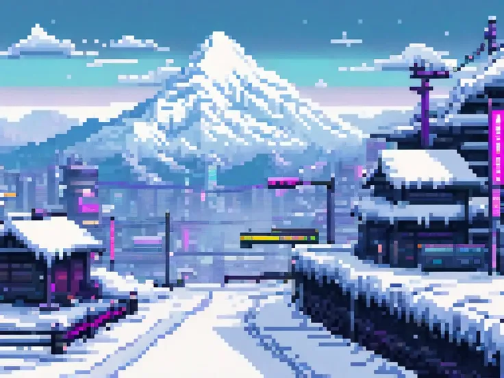 Winter scenery, snow covers the entire mountain, cold wind blows, Cyberpunk 2027 style, snow scene. 8bit, pixel art