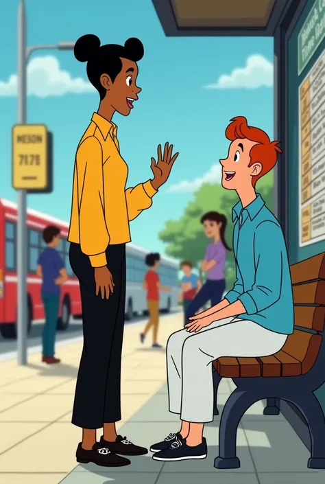 A bus stand with two people, one speaking in a yellow shirt and black pants, gesturing while the other is happy listens attentively in a blue shirt and white pants sitting on a bench. There are other people in the background, with bus route signs and a tim...