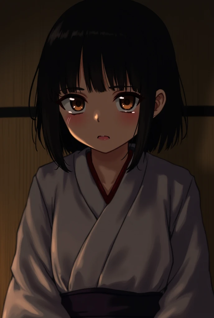 1girl, top-down bottom-up, on tatami, face focus,  
BREAK girl, 22yo, short hair, bob cut, ear, (blunt bangs), black hair, (tareme:1.2), detailed cute brown eyes, curled eyelashes, (large breasts:0.8),
beautiful eyes, beautiful face,
kimono, (taut clothes)...