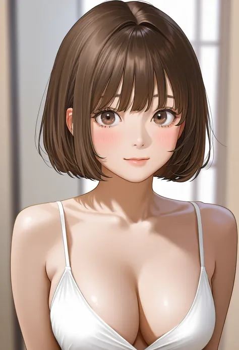  Photorealistic、 highest image quality taken by Ki、 Highest Resolution 、 top quality 、16Ｋ、 1 woman 、 cute faces 、 Delicate and Beautiful Face、Bob cut hair、 ASH BROWN HAIR COLOR、 brown eyes、Delicate eyes、 beautiful eyes、繊細で beautiful eyes、Beautiful breasts、