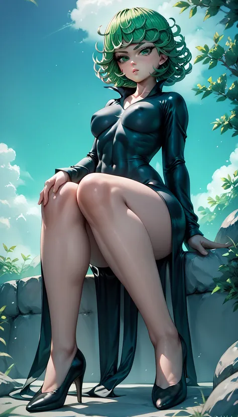 , tatsumaki, green hair, green eyes, short hair, black dress, nephros heels, black dress, big tits, huge tits, big boobs, big breasts, ,, from below, sitting