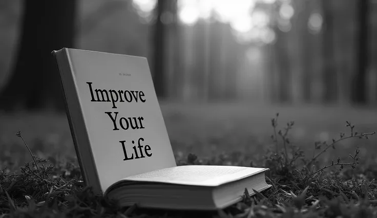 make a black photo of book name "Improve Your Life" published by the AudioBookRealm on left side with natural background