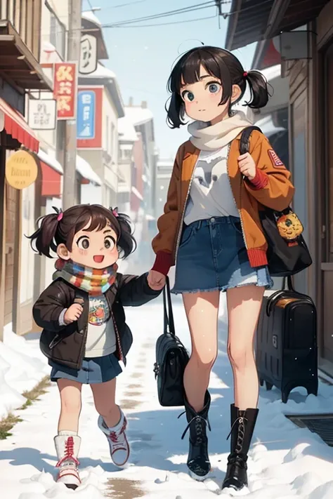 masterpiece ,  top quality , masterpiece ，  top quality ， cute doodle ，  funny, Excellent, S，Short length，Curly Hair,  twin tails， bright  ,  curious eyes  ，Freckles，  thick eyebrows， warm scarf ， Down Jacket，長袖のShort white T-Shirt， Very Short Denim Minisk...