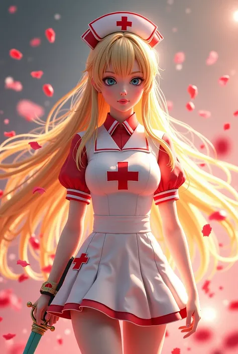  Golden Long Hair Japanese 3D Real Beauty ， Nurse Styling Costume (White Base Red Edge ， One red cross mark ， Short back front of skirt ，white stockings， clothing material between transparent and opaque）， Blue Eye Beads ， Handheld Western Sword ( Light aro...