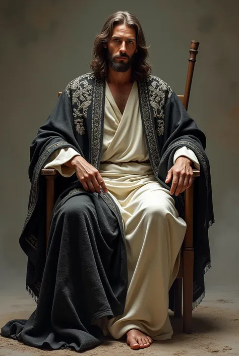 Jesus full body  wear a black silver full embroidery shawl and white dressing  and hold a stick sitting on  chair 