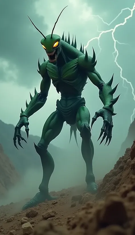 A hyper-realistic cinematic image of a terrifying mantis-human hybrid monster, towering over a barren mountainous landscape under a stormy, cloud-filled sky. The creature has a muscular humanoid body fused with insect-like features: sharp, spiked limbs res...