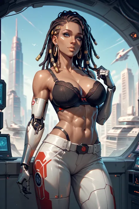 1girl, space soldier, hypnotic gaze, Dreadlocks, grey, Cybernetic skin, toned, big round breasts, futuristic cityscape, Standing, cowboy shot, Futuristic fusion, metallic, caged bra