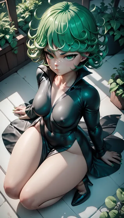 , tatsumaki, green hair, green eyes, short hair, black dress, nephros heels, black dress, big tits, huge tits, big boobs, big breasts, ,, from above, sitting