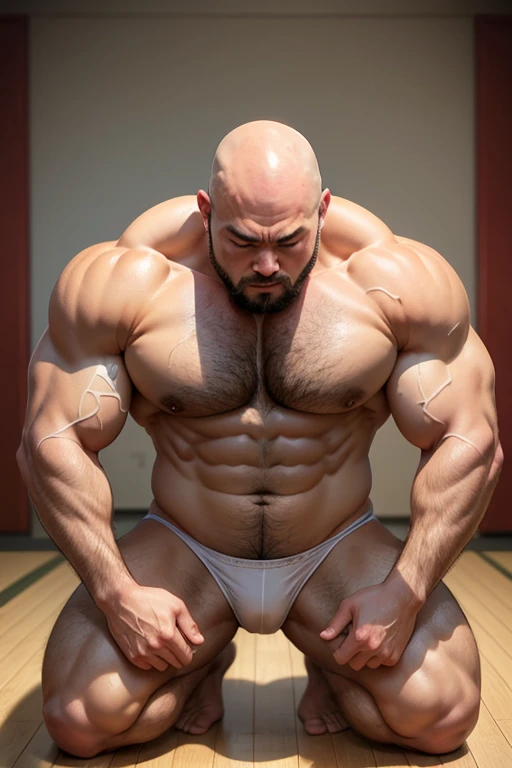 (masterpiece, best quality), (upper body), Japanese male hairy bald-head high school fatty bodybuilder, wearing white thong, drenched in sweat, kneeling