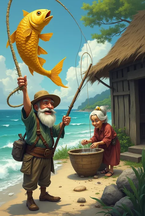 Create an illustration for a fairy tale ,WHERE AN OLD FISHERMAN CATCHED A GOLD FISH FROM THE SEA WITH A NET.NOT THATS NEARBY THERES AN OLD HUT,WHERE AN OLD WOMAN WASHES CLOTHES IN A TROUGH