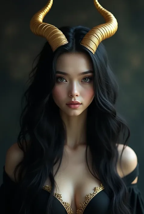 Black long-haired woman with gold horns on her head