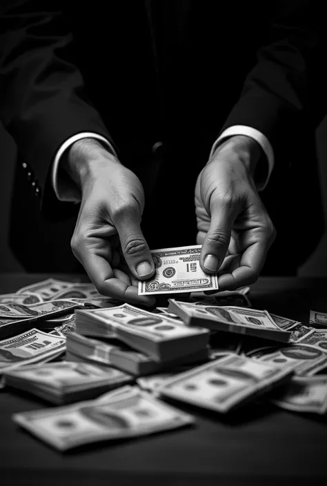  Heres a description of the image:

**Summary in a sentence :**  A pair of hands manipulates a of dollar bills ,  in a black and white photograph that reflects the quote : " Of course its difficult .  Thats why its supposed to be difficult ,  because if it...