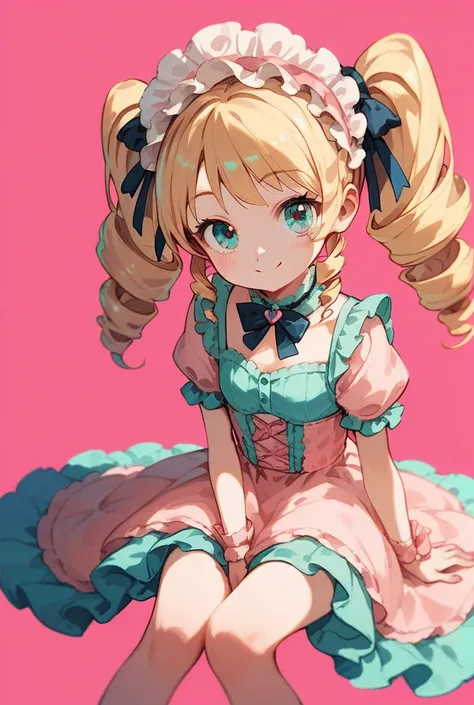 masterpiece, best quality, ultra detailed, a girl, smiling, sitting, looking at viewer, drill hair, twintail, blonde, aqua eyes,lolita fashion,headdress,pink background, flat background, cute, kawaii, anime