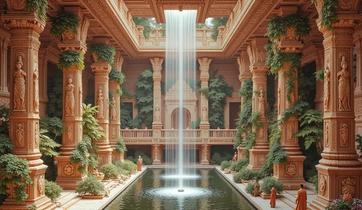 Create an image A grand, hyper-realistic painting capturing a majestic hall within an ancient Indian palace. The hall features seven attic pools on top of each, each one connected by cascading waterfalls that flow elegantly from stone-carved spouts high ab...