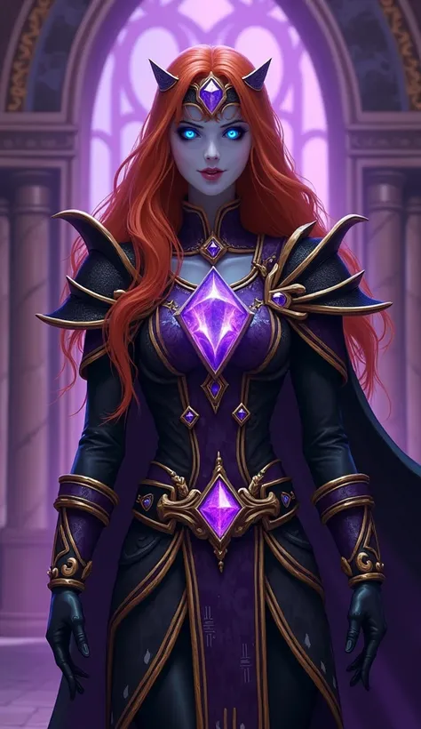 ((masterpiece,best quality)), Guinevere_ML, ((She standing in Violet Citadel with a smile, as she can view in close up view, her fiery orange hair framing a striking figure adorned in regal attire with undead skin)). ((A black diamond tiara with gold accen...