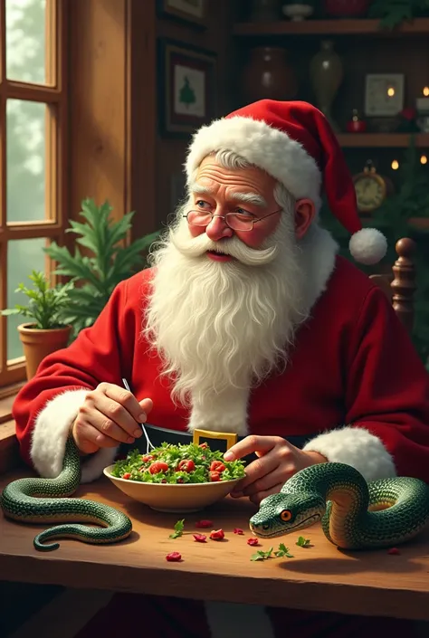 Santa Claus eats salad next to a snake sitting