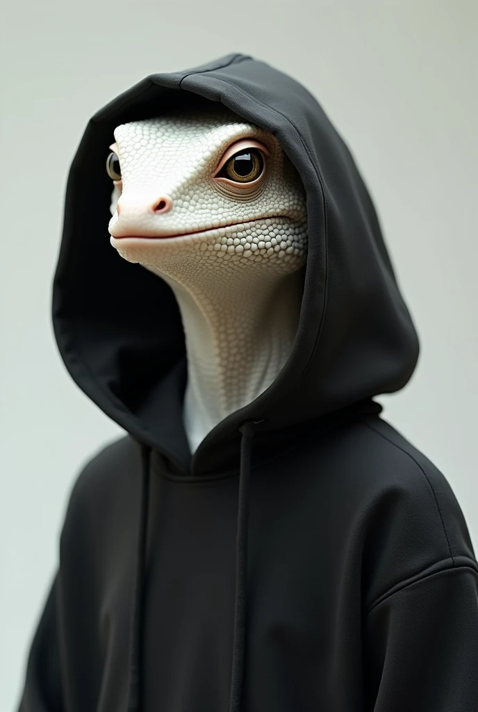 A white lizard with black hoodie hat off